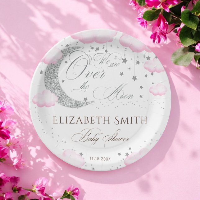 Über dem Mond Silver Pink Girl Babydusche Pappteller (Von Creator hochgeladen)