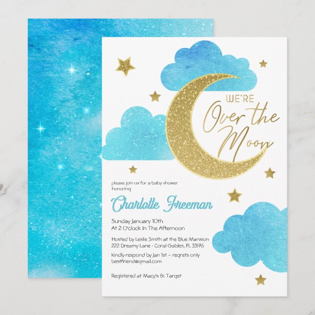 Über dem Mond Starry Night Baby Shower Einladung (Vorne/Hinten)