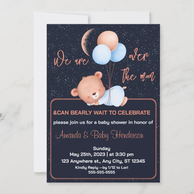 Über dem Mond Teddy Bärensage Green Baby Dusche Einladung (Vorderseite)
