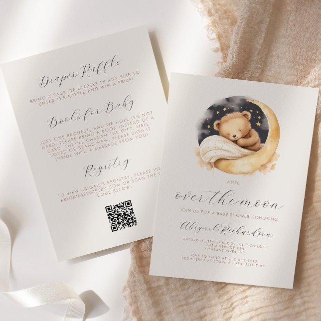 Über dem Mond Teddy Bear Boho QR Code Babydusche Einladung (Von Creator hochgeladen)