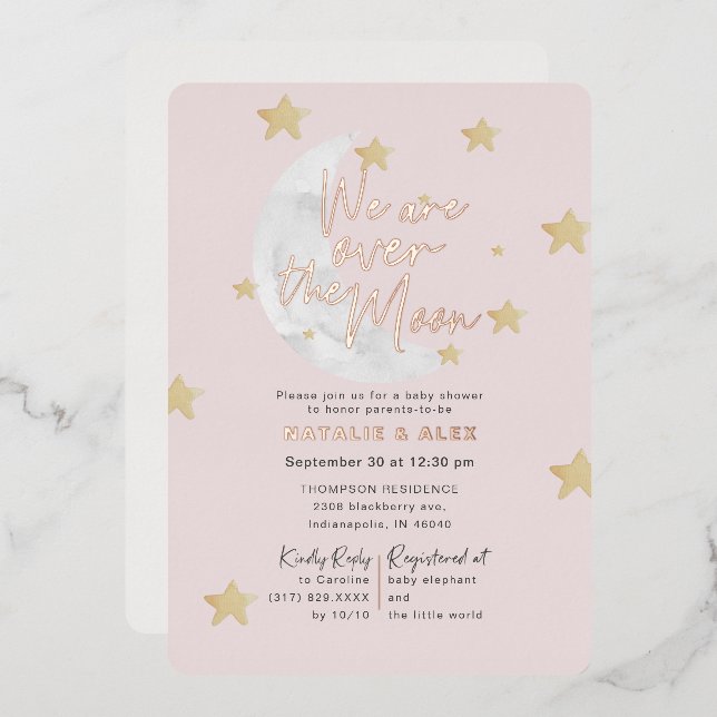 Über dem Mond und den Sternen Girl Shower Foil Folieneinladung (Vorderseite/Rückseite)