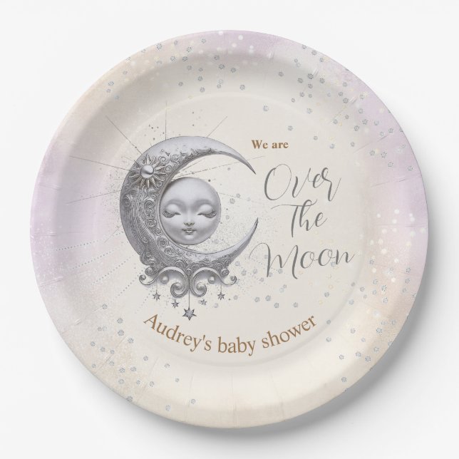 Über dem Mond Unisex Lila Cream Baby Dusche Pappteller (Vorderseite)