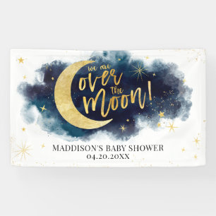 Über dem Moon Gold Stars Blue Baby Dusche Banner