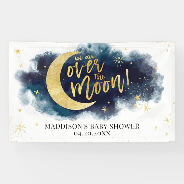 Über dem Moon Gold Stars Blue Baby Dusche Banner (Horizontal)