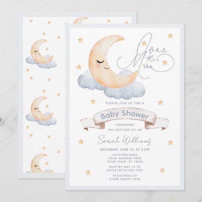 Über dem Moon Gold Stars Blue Baby Dusche Einladung (Vorne/Hinten)