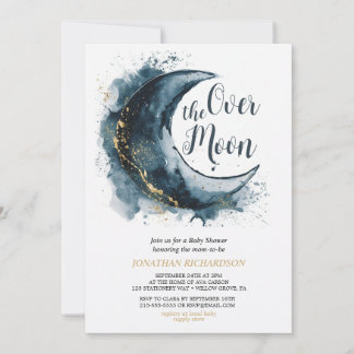Über dem Moon Gold Stars Blue Baby Dusche Einladung