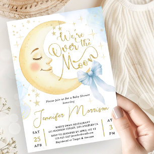 Über den Mond Baby Shower Junge Blaue Schleife Mon Einladung