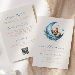 Über den Mond Bär Blau Junge QR Code Babyparty Einladung