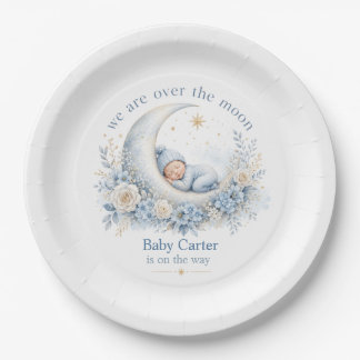 Über den Mond blaue Babyparty mit individuellem Na Pappteller