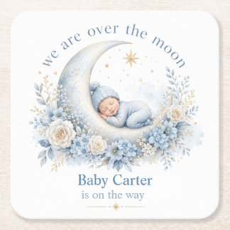 Über den Mond Blaue Babyparty mit individuellem Na Rechteckiger Pappuntersetzer