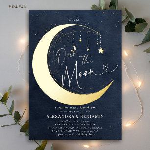 Über den Mond Gold-Aquarell Coed Baby Boy Shower Folieneinladung