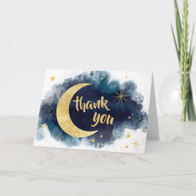 Über den Mond Gold Stars blau Dankeskarte (Vorderseite)