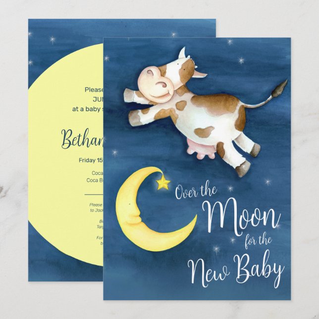 Über den Mond Kuh springen Babydusche Einladung (Vorne/Hinten)