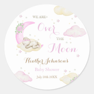 Über den Mond Mädchen Bär Baby Shower Runder Aufkleber