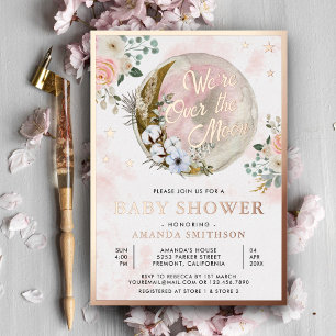 Über Den Mond Rosa Blumen-Baby-Party Roségold Folieneinladung