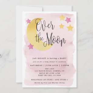 Über den Mond, rosa Wasserfarben-Baby-Party Einladung