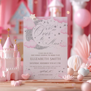 Über den Mond Silber Rosa Babyparty Einladung