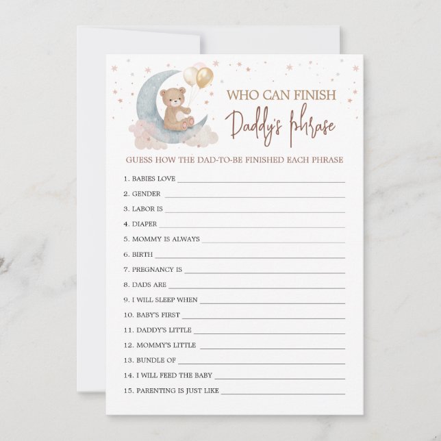 Über den Mond Wer kann Daddys Phrase Card beenden Einladung (Vorderseite)