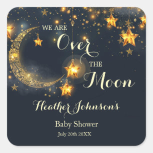 Über den Mond Whimsical neutrale Babyparty Quadratischer Aufkleber