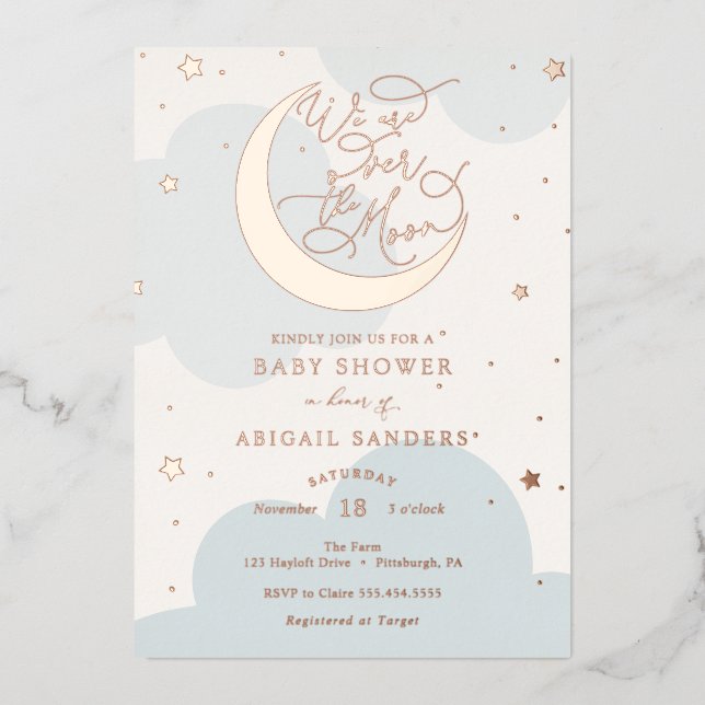 Über der Blue-Baby-Dusche von Gold Moon Folieneinladung (Vorderseite)