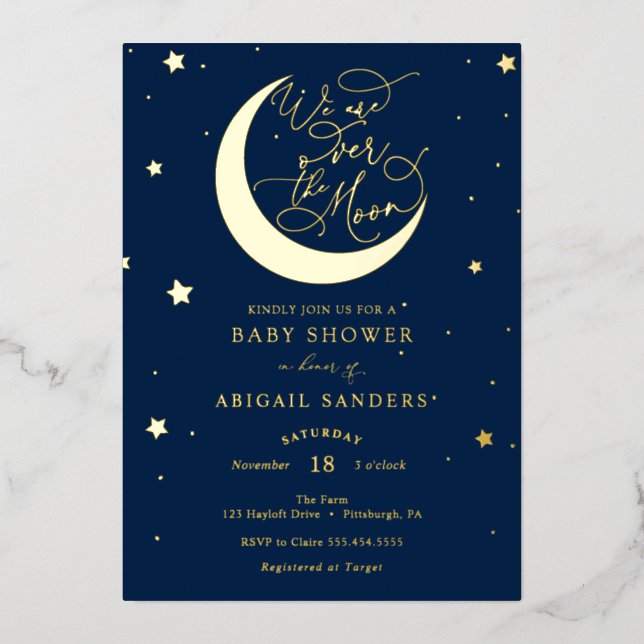 Über der Blue-Baby-Dusche von Gold Moon Folieneinladung (Vorderseite)