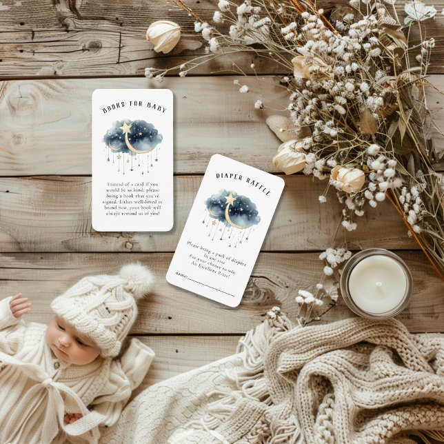 Über der Gold Stars Baby Dusche Begleitkarte (Over the Moon Baby Shower Enclosure Cards - Diaper Raffle & Books for Baby )