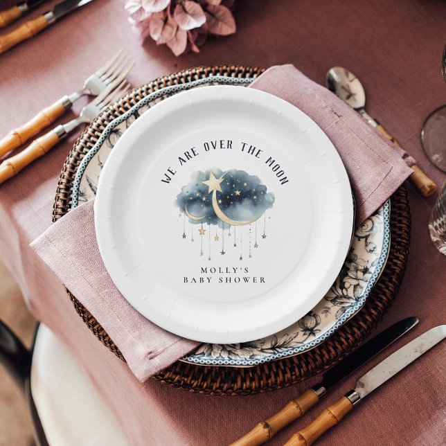 Über der Gold Stars Baby Dusche Pappteller (Over the Moon Baby Shower Paper Plate )