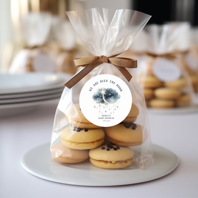 Über der Gold Stars Baby Dusche Runder Aufkleber (Over the Moon Baby Shower Classic Round Sticker )