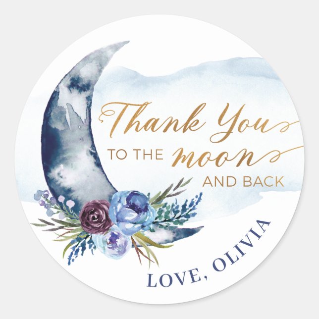 Über der Mond Baby Dusche Danke Stickers Navy (Vorderseite)
