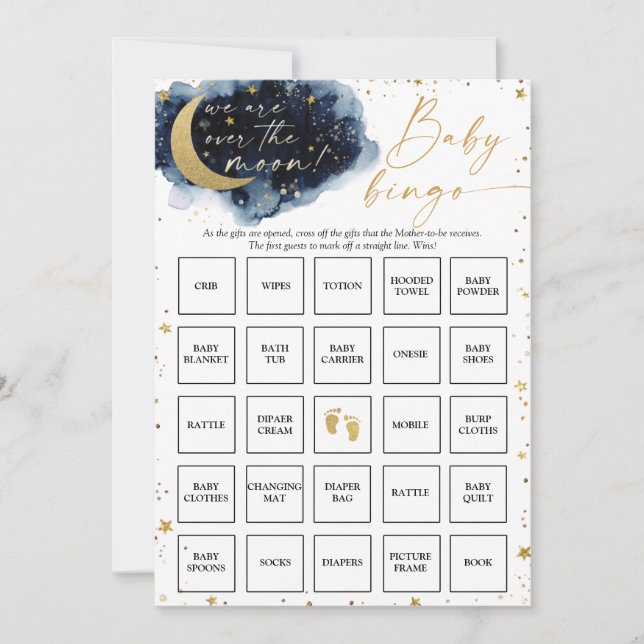 Über der Mond Baby Shower Bingo Game Card Einladung (Vorderseite)