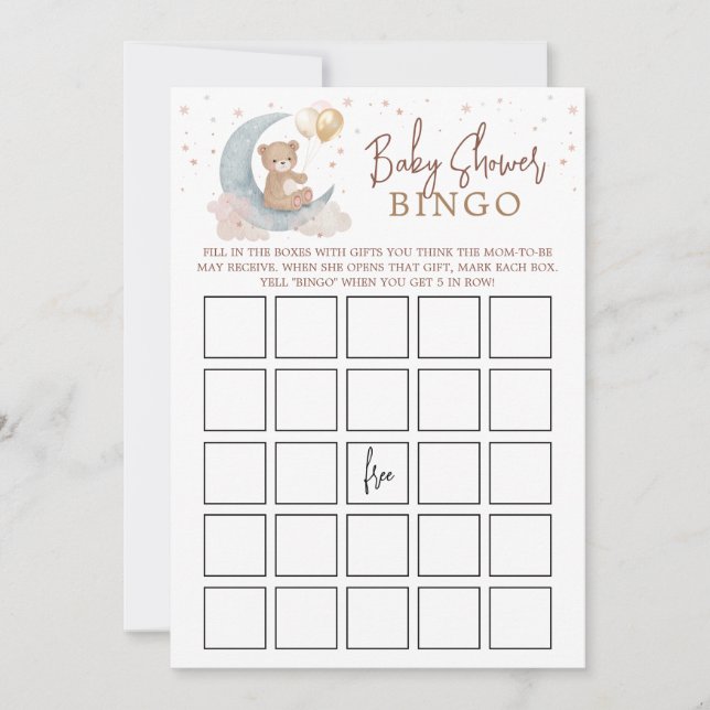 Über der Mond Baby Shower Bingo Game Card Einladung (Vorderseite)