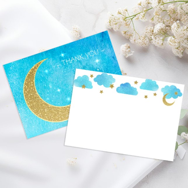 Über der Mond Babydusche Danke Karte (Blank thank you note card - Blue watercolor)