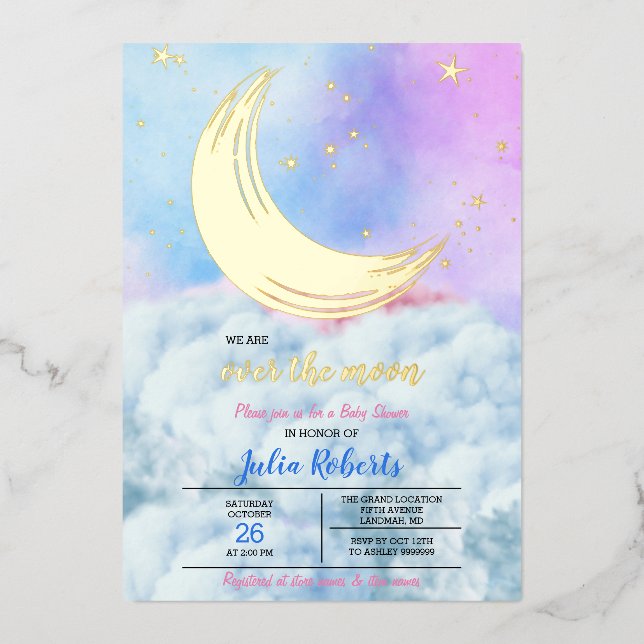 Über der Mond Babydusche Folieneinladung (Vorderseite)