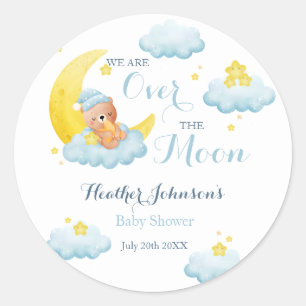 Über der Mond Bear Boy Babydusche Runder Aufkleber