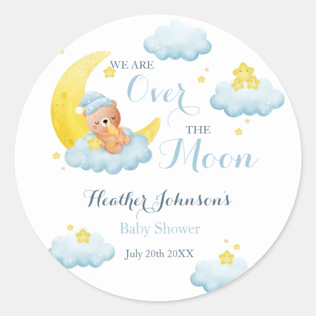Über der Mond Bear Boy Babydusche Runder Aufkleber (Vorderseite)