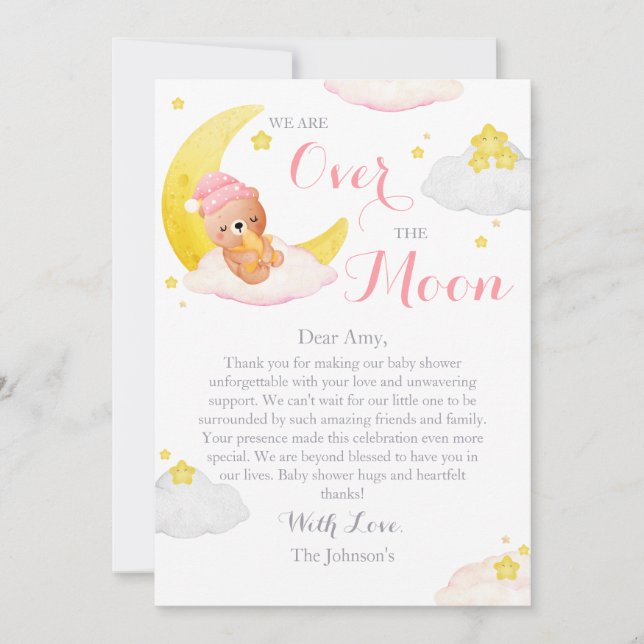 Über der Mond Bear Girl Babydusche Dankeskarte (Vorderseite)
