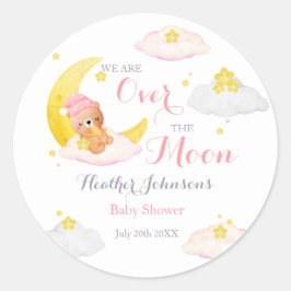 Über der Mond Bear Girl Babydusche Runder Aufkleber