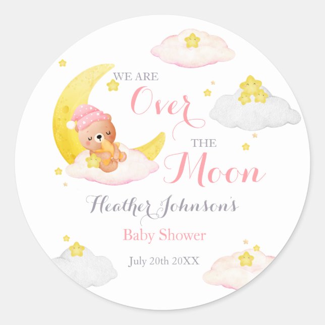 Über der Mond Bear Girl Babydusche Runder Aufkleber (Vorderseite)