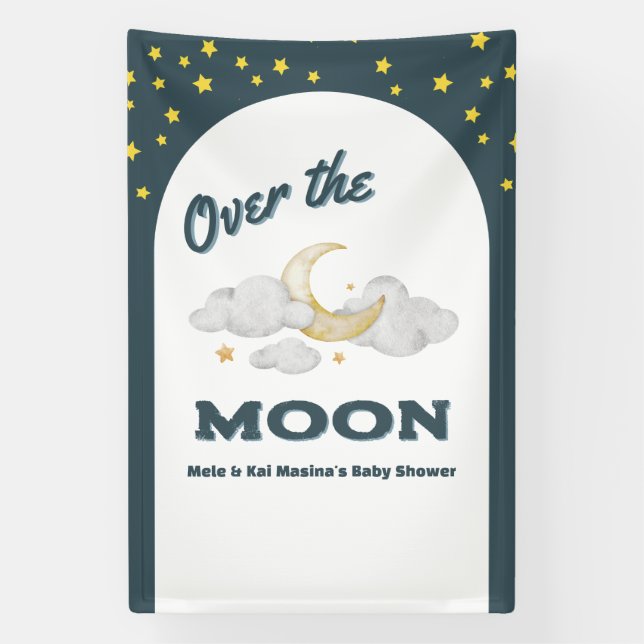 Über der Mond Blue Baby Dusche Custom Foto Wall Banner (Vertikal)
