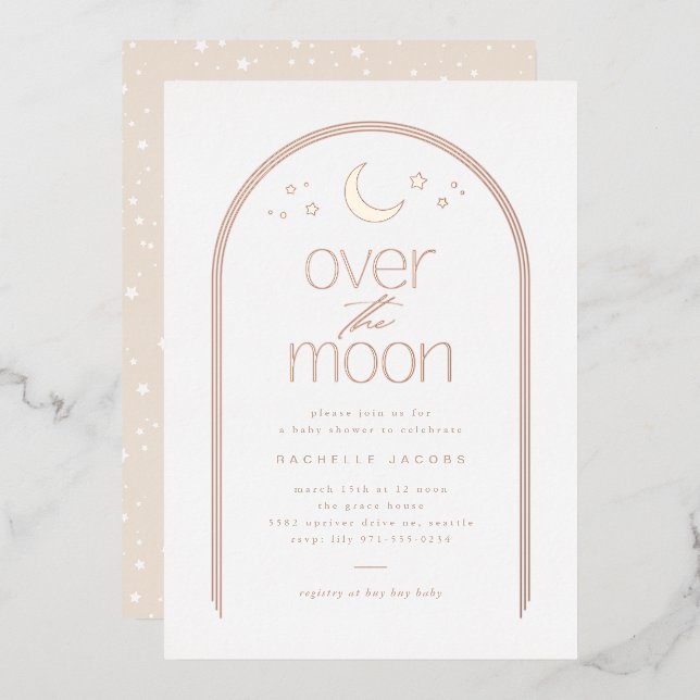 Über der Mond Gender Neutral Baby Shower Rose Gold Folieneinladung (Vorderseite/Rückseite)