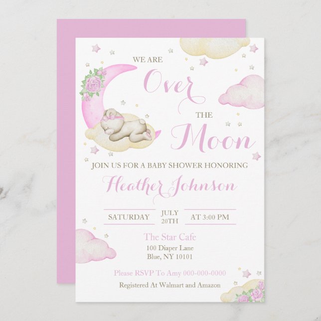 Über der Mond Girl Bärendusche Einladung (Vorne/Hinten)