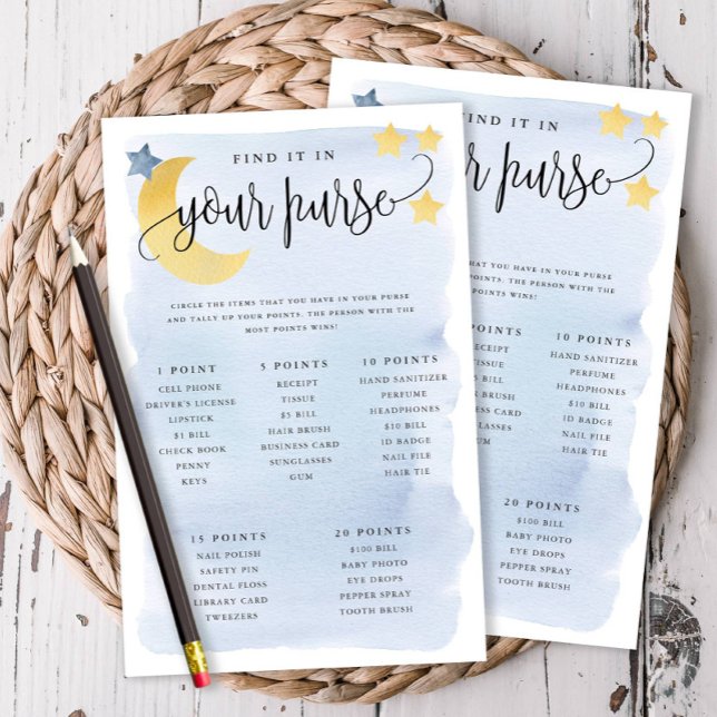 Über der Mondpurse-Fahnenpferd-Papier-Game-Karte b Flyer (Over the Moon Themed-Blue, What's in Your Purse Baby Shower Game)