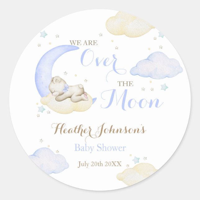 Über der Moon Boy Bear Babydusche Runder Aufkleber (Vorderseite)