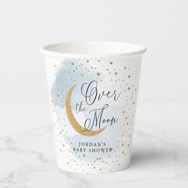 Über der Moon Gold & Blue Baby Dusche Personalisie Pappbecher (Vorderseite)