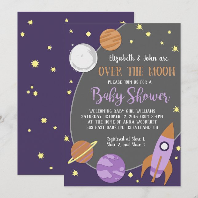 Über der Moon Outer Space Girl Babydusche Einladung (Vorne/Hinten)