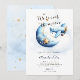 Über der Moon Stars Airplane Blue Baby Boy Dusche Einladung