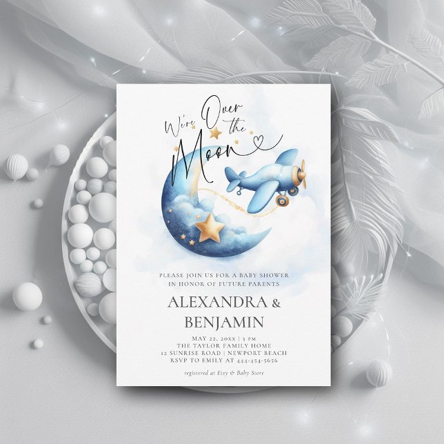 Über der Moon Stars Airplane Coed Baby Boy Dusche Einladung (over the moon baby shower invitation boy toy airplane moon stars watercolor cute adorable coed )