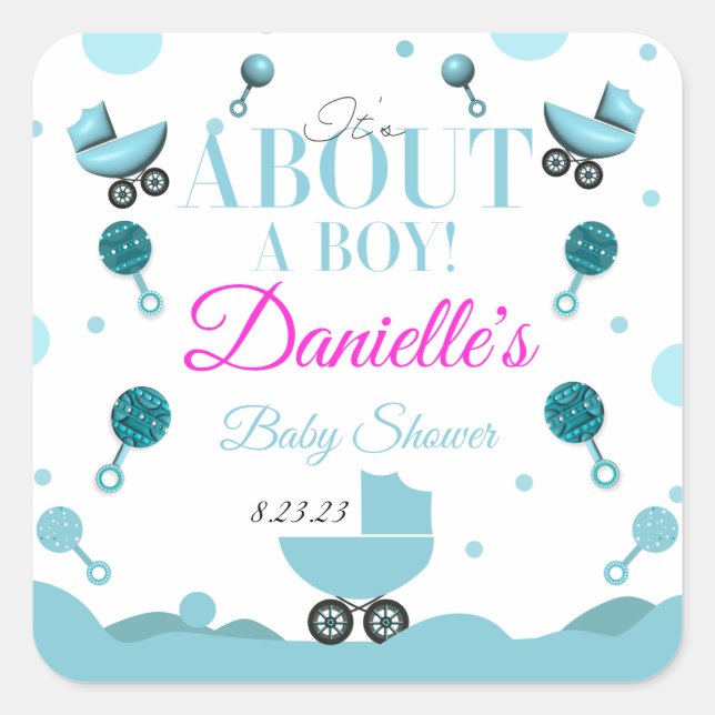 Über eine Baby-Dusche laden Sie ein Geschenkbeutel Quadratischer Aufkleber (Vorderseite)