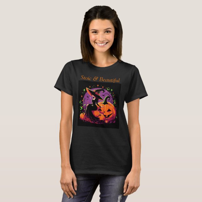 Über Hexen nachdenken, die auf einem Pumpkin-T - S T-Shirt (Vorne ganz)