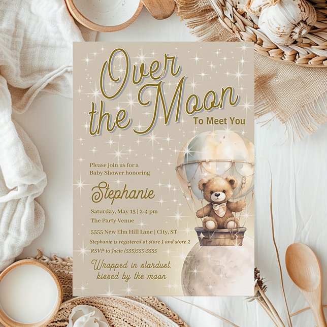 Über Moon Teddy Bear Gender Neutral Baby Dusche Einladung (Cute teddy bear and hot air balloon Over the Moon baby shower invitation)